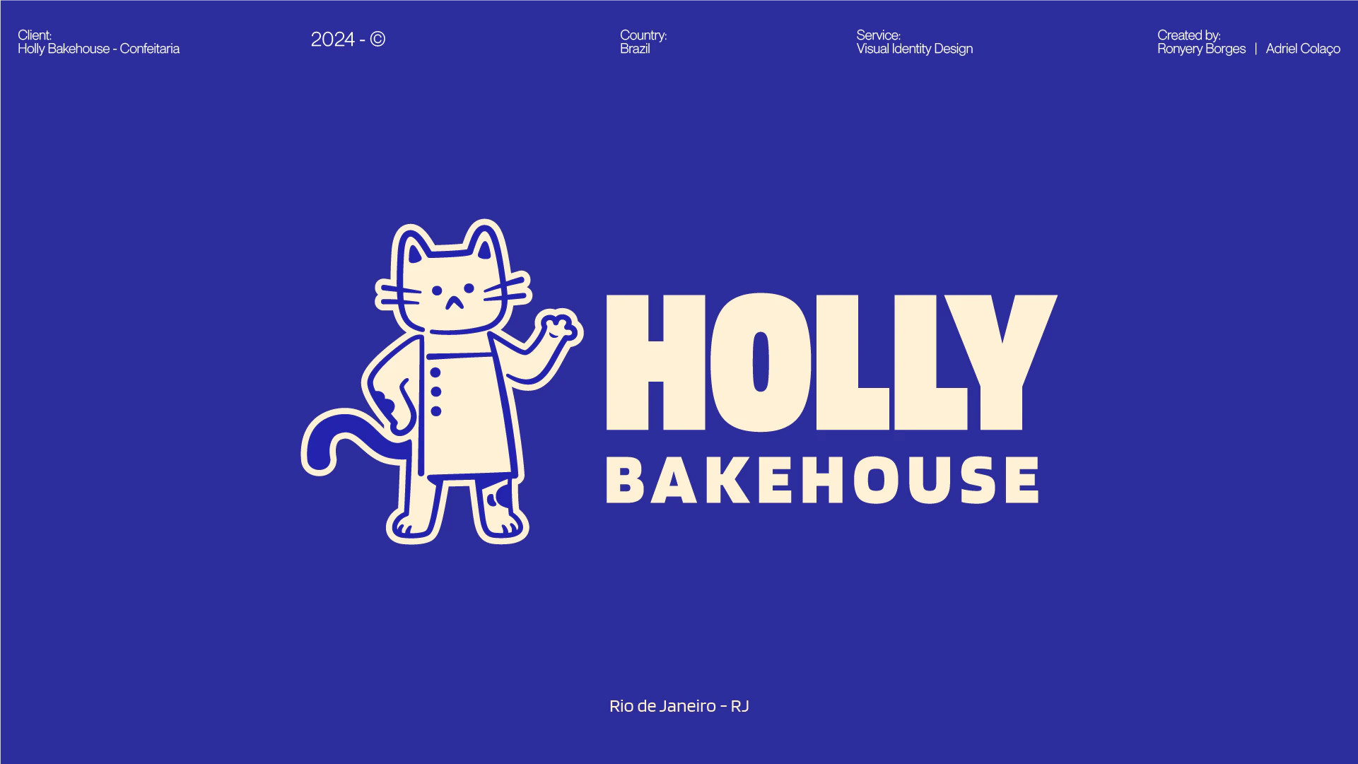 Logotipo Holly Bakehouse com o mascote, sobre o azul da marca