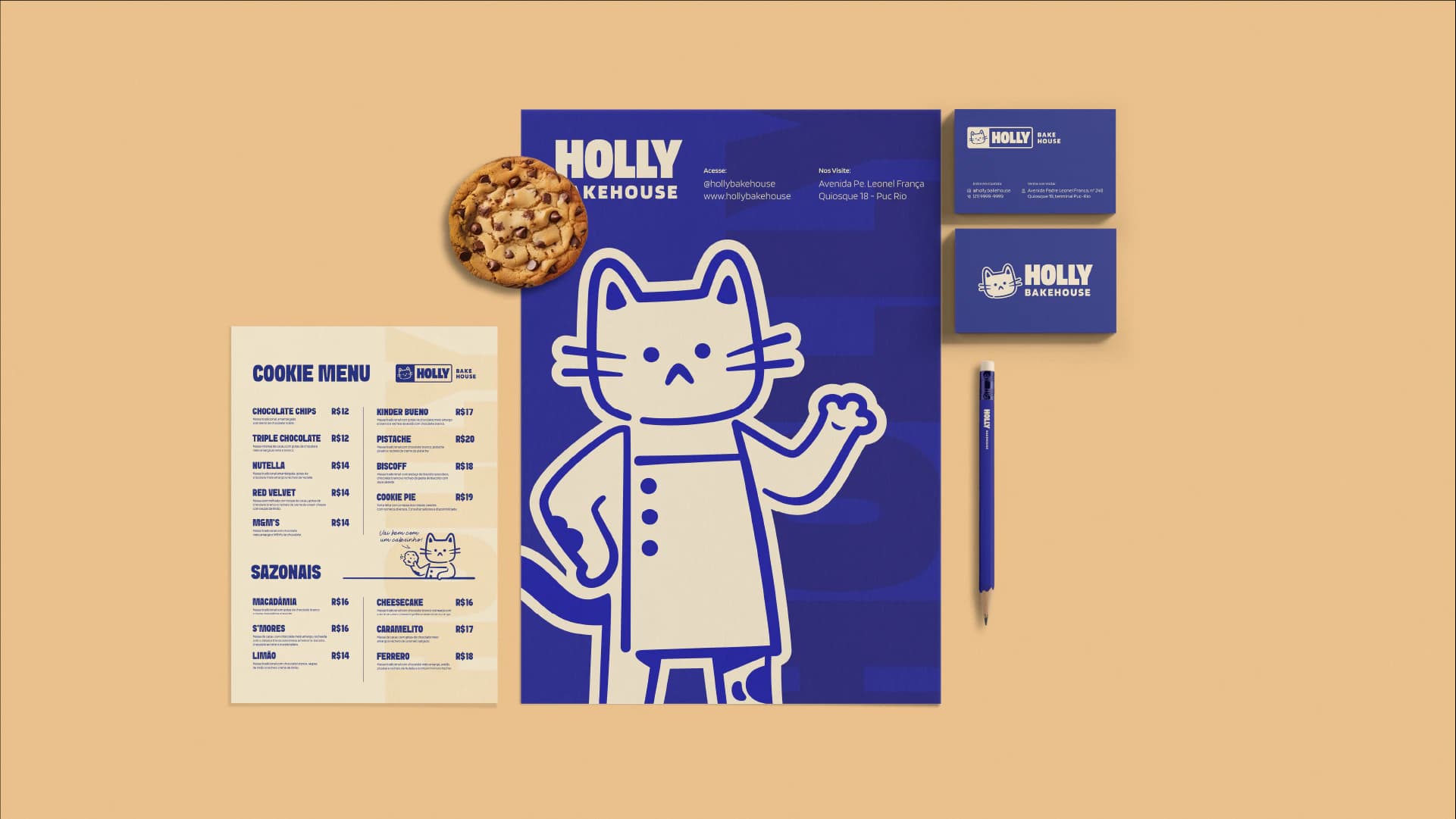 Cardápio e papelaria da Holly Bakehouse