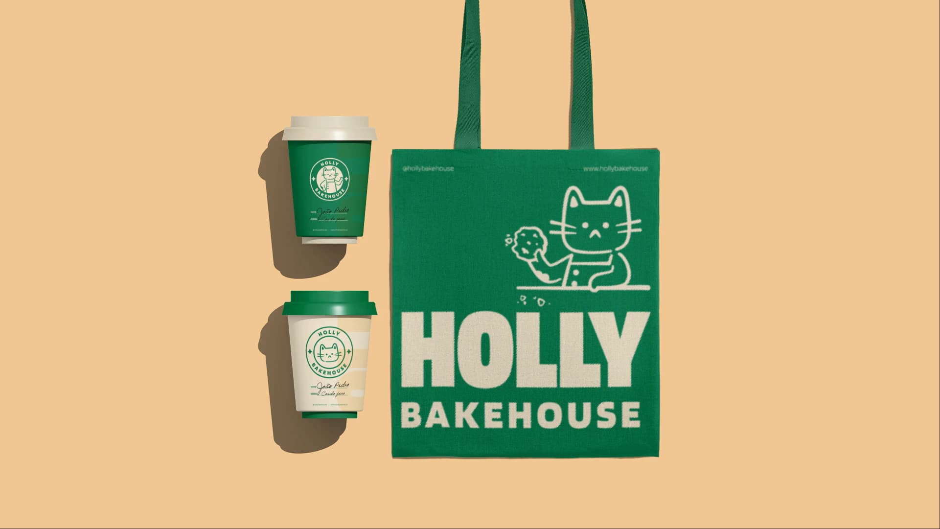 Copos de café e ecobag verde da Holly Bakehouse