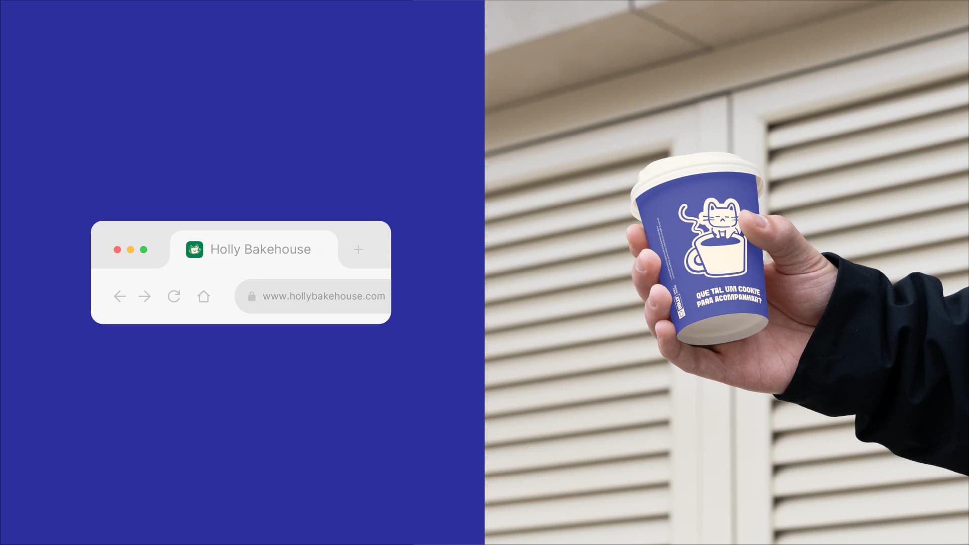 Site da Holly Bakehouse no navegador e copo de café com a marca