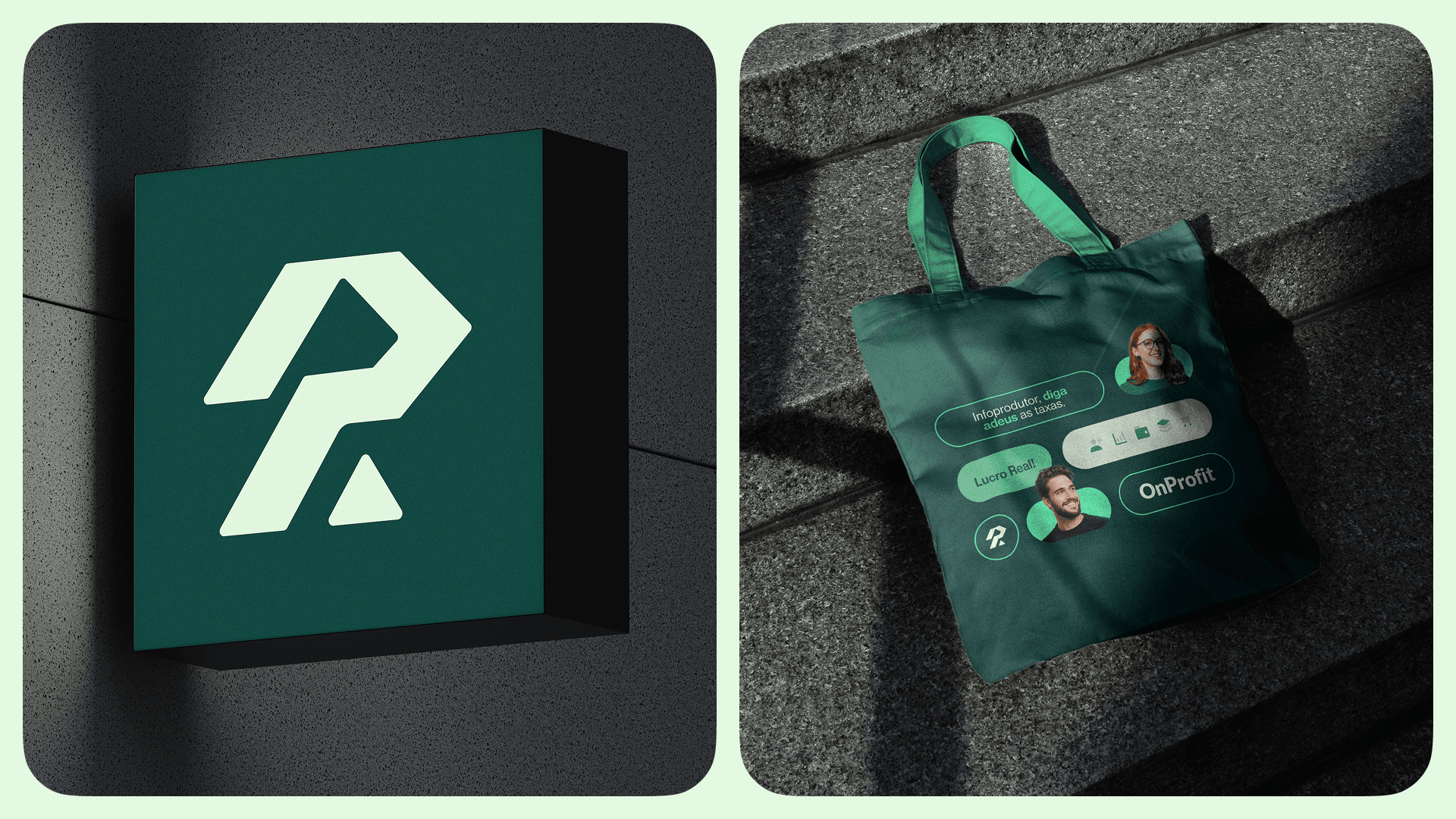 Fachada com o símbolo da OnProfit e ecobag da marca