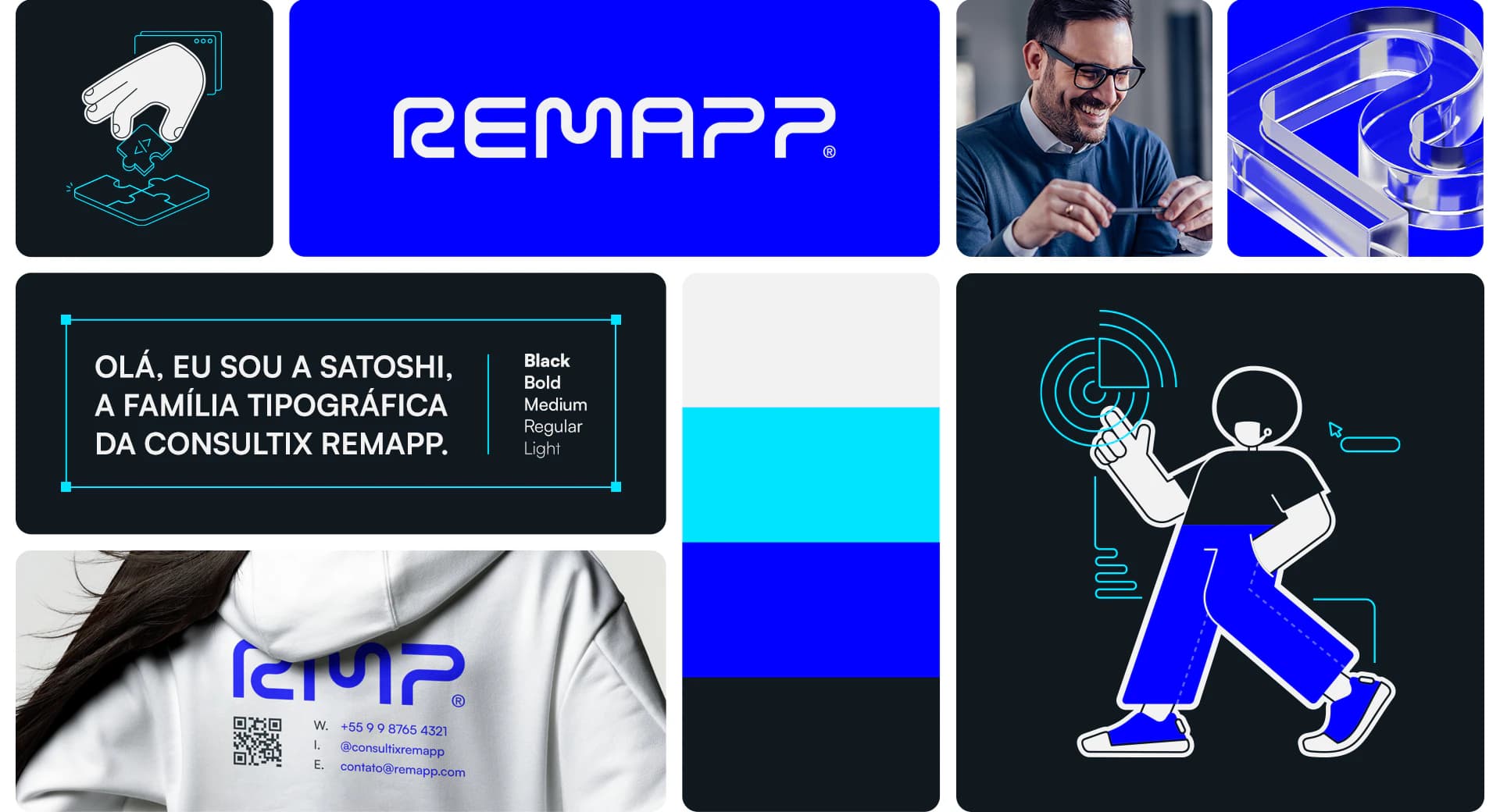 Grade de aplicações da marca Remapp: logo, tipografia, ilustrações e moletom