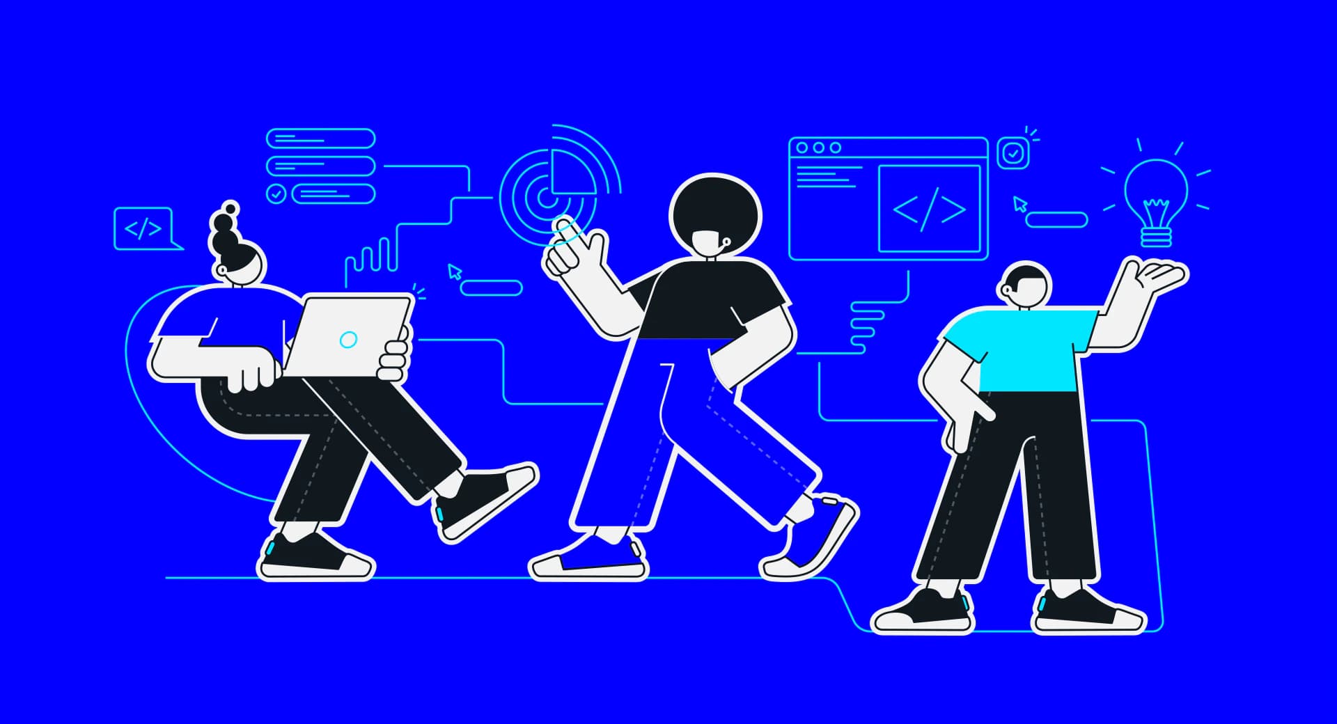 Ilustrações dos personagens da Remapp trabalhando com tecnologia