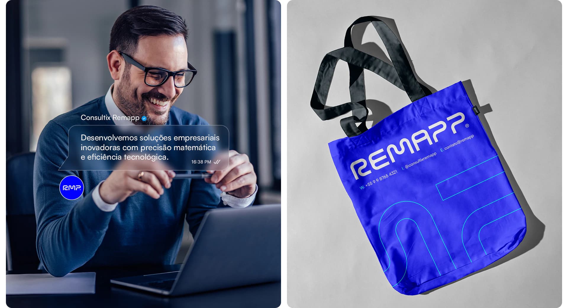 Executivo sorrindo ao notebook e ecobag da Remapp