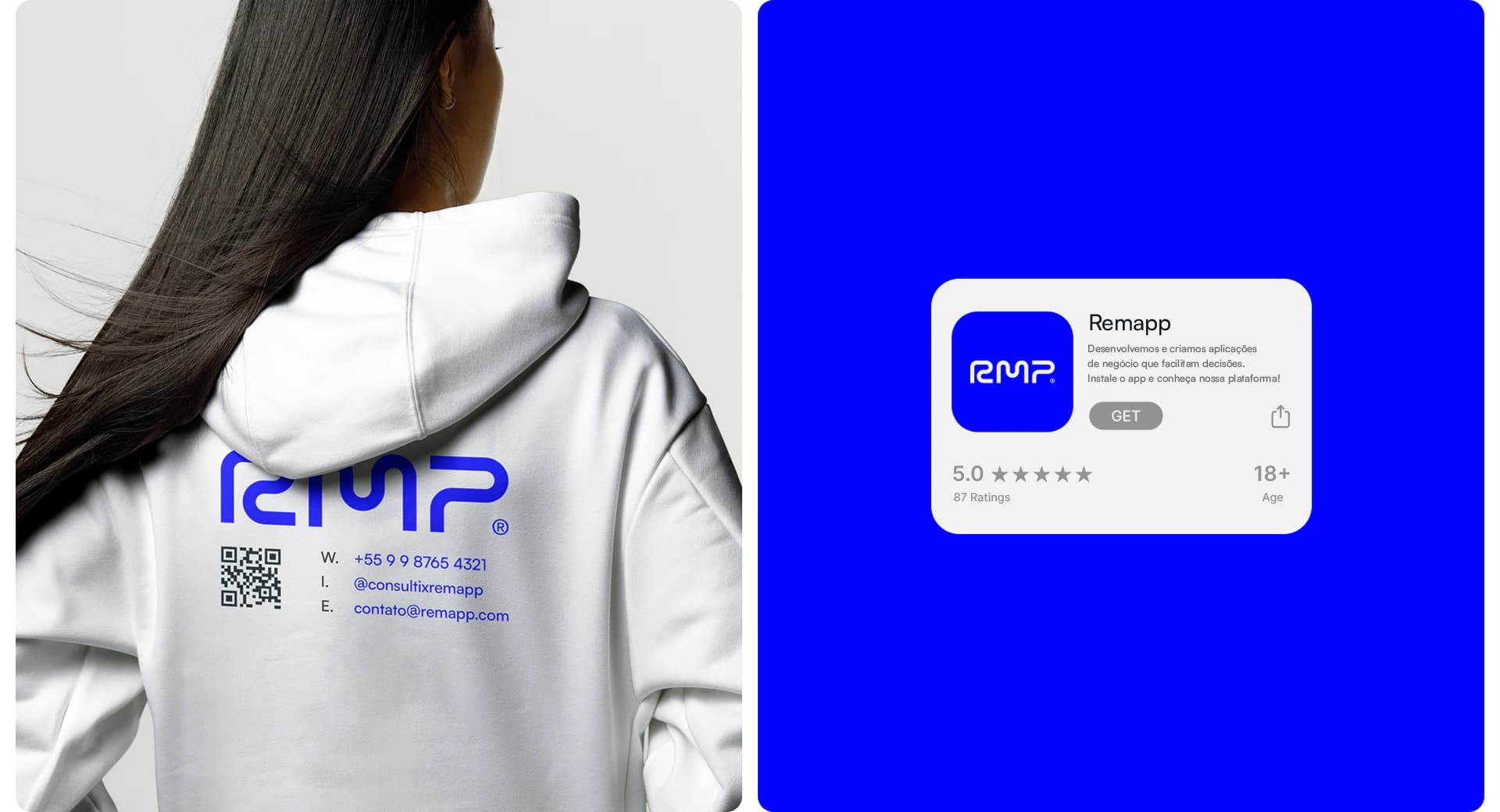 Moletom com o símbolo RMP e o card do app da Remapp