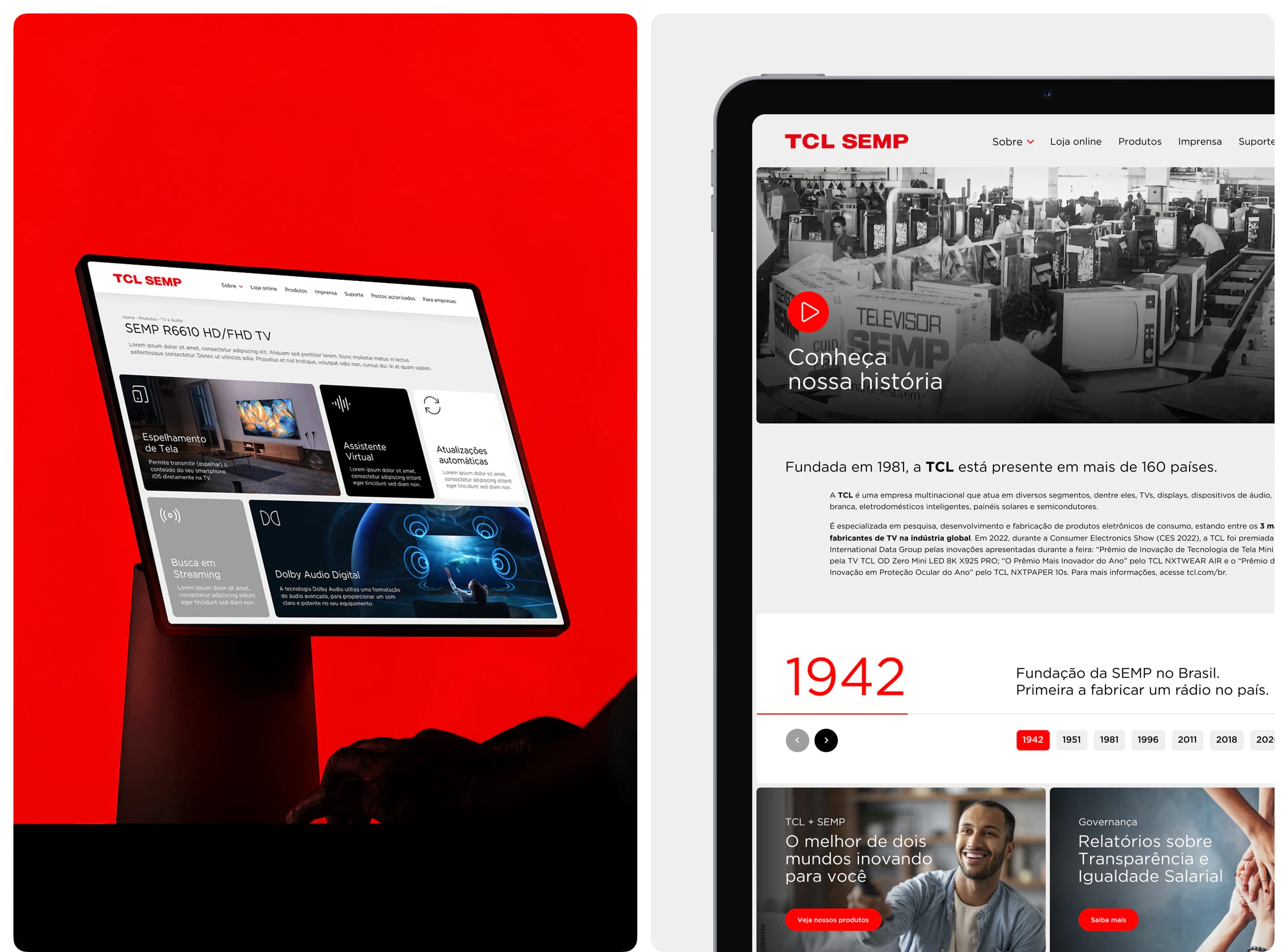 Páginas de produto e institucional (“Conheça nossa história”) do site da TCL SEMP num tablet e num desktop