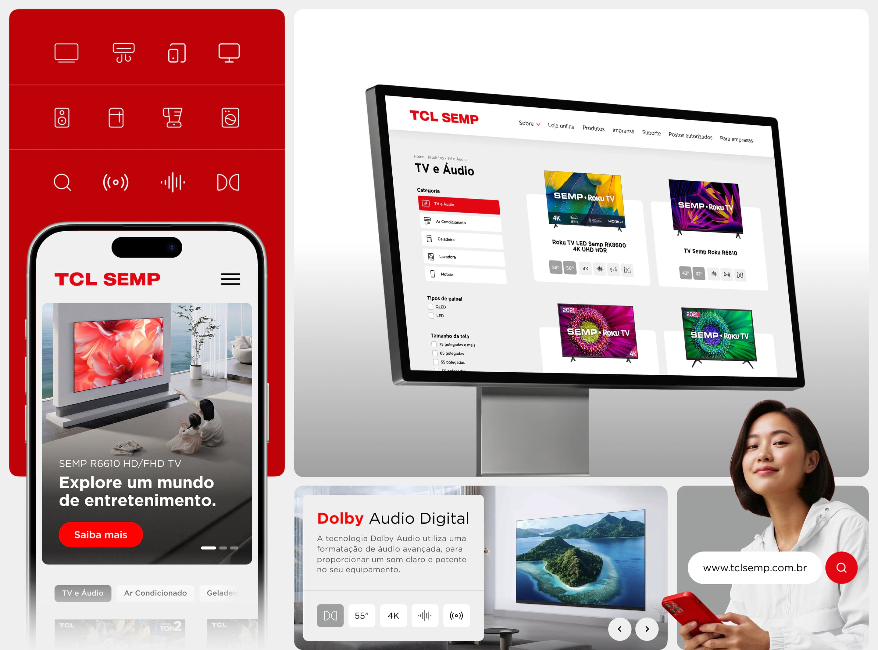 Ícones, a home no celular, a listagem de TVs e áudio num monitor e blocos de conteúdo do site da TCL SEMP