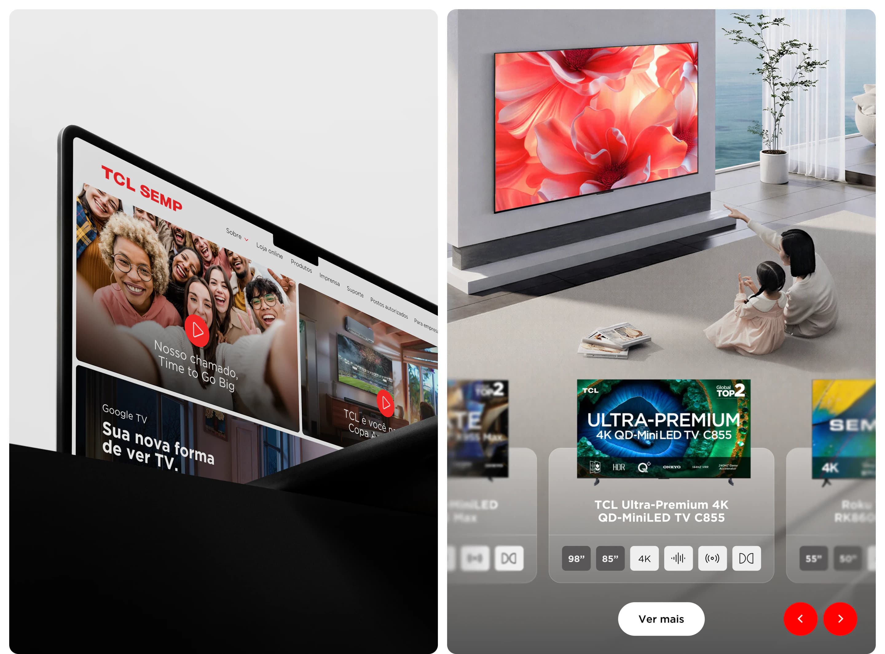 Home do site da TCL SEMP num notebook e a vitrine de TVs com o destaque TCL Ultra-Premium