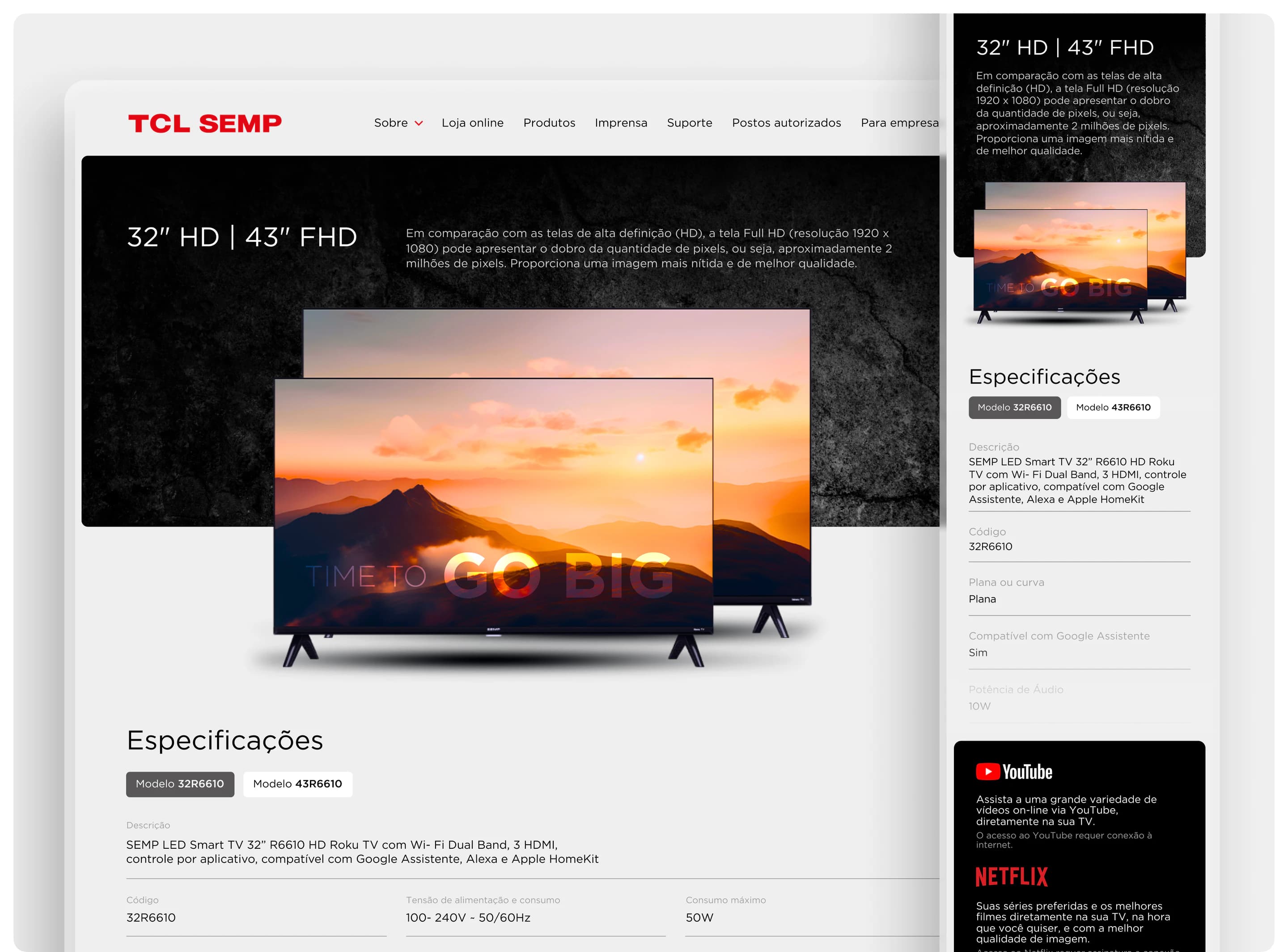 Página de produto da TV de 32” e 43” FHD, com as especificações, nas versões desktop e celular
